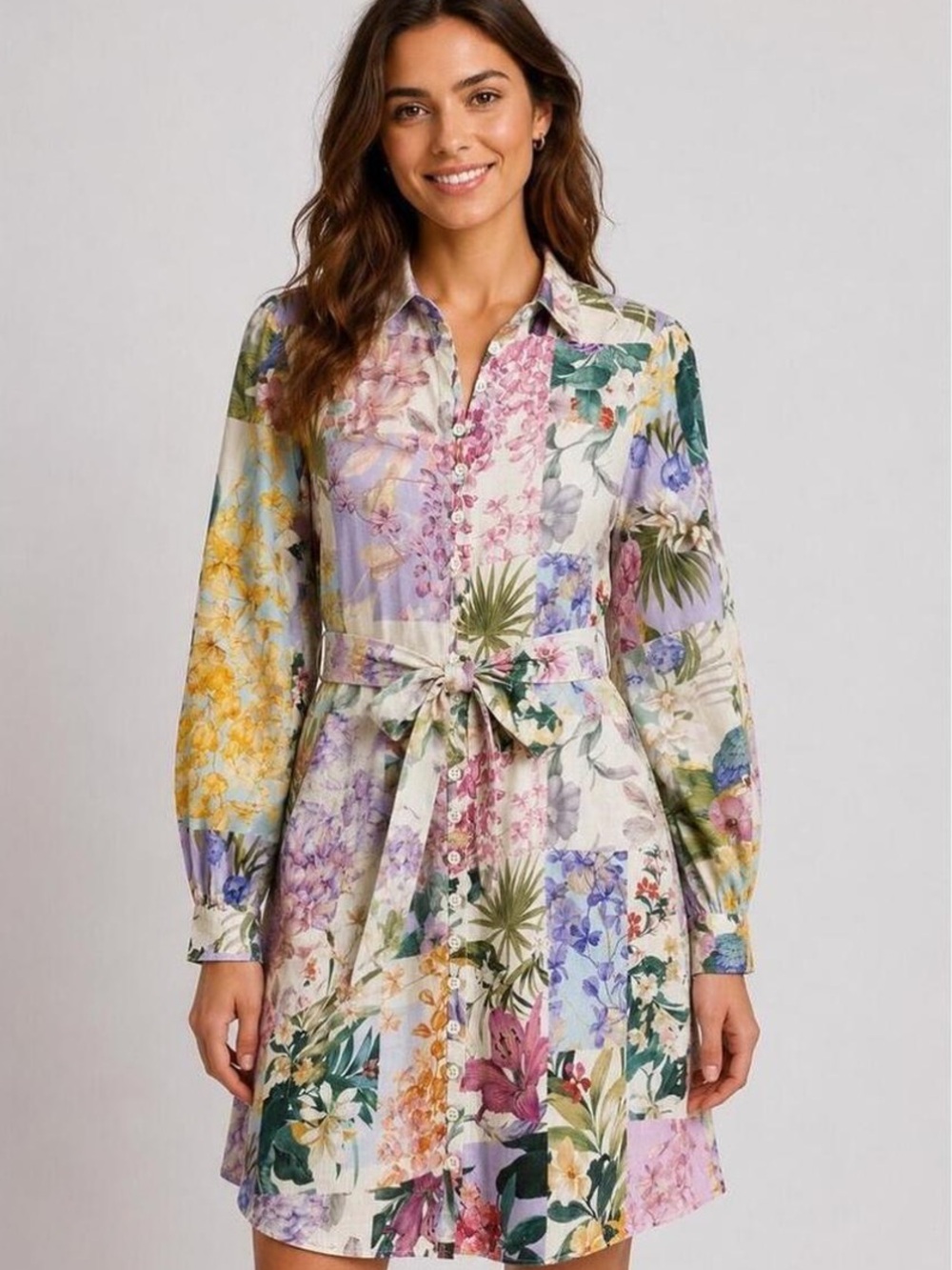 Zara Floral Patchwork Long Sleeve Linen Blend Dress Women’s Small